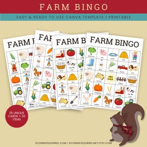 Farm Bingo Canva template printable, farming and farm animal bingo sheets
