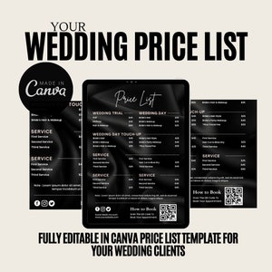 以下が含まれることがあります： Canvaでデザインされた白黒の結婚式価格表テンプレート。テンプレートは、白いテキストとシルクのようなテクスチャを備えた黒い背景を特徴としています。価格表には、ブライダルヘアとメイクアップ、結婚式のリハーサル、結婚式の日、タッチアップ、そして最初の、2番目の、そして3番目のサービスなどのサービスが含まれています。