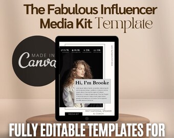 Puede incluir: Una plantilla de kit de medios digitales en una tableta, con el texto "The Fabulous Influencer Media Kit Template" y "Fully Editable Templates for Endless Creativity". La tableta muestra una foto de una mujer y el texto "Hi, I'm Brooke."