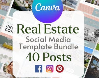 May include: A collection of real estate social media templates. The image features a Canva logo and text that reads "Real Estate Social Media Template Bundle 40 Posts." The templates include images of houses and real estate graphics.