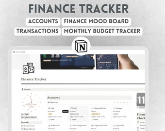 May include: A screenshot of a Notion page titled "Finance Tracker" with sections for Accounts, Transactions, and a Finance Mood Board. The page is designed to help users track their finances and create a budget.