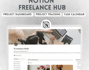 May include: A screenshot of a Notion workspace showing a freelance hub dashboard with sections for project dashboard, project tracking, and task calendar. The dashboard is designed to help freelancers manage their projects and tasks.