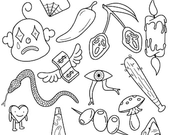 Flash Tattoo Coloring Page | Hand Drawn Doodle Art (Digital Download)