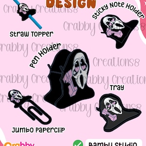 Puede incluir: Un diseño de paquete con el tema de la máscara de Scream. Incluye un tapón de paja, un soporte para notas adhesivas, un portalápices, una bandeja y un clip gigante. El diseño es en negro, blanco y rosa, con el texto "Bundle Design" en la parte superior.