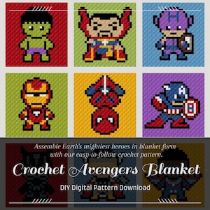 Op de afbeelding: Haakpatroon voor een Avengers-deken met personages zoals Hulk, Iron Man, Captain America, Spider-Man en Doctor Strange. Het patroon is beschikbaar als digitale download. Stel de machtigste helden van de aarde samen in dekenvorm met ons gemakkelijk te volgen haakpatroon.