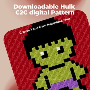 Op de afbeelding: Een digitaal haakpatroon voor het maken van een groen Incredible Hulk-personage. Het patroon is in C2C-formaat en bevat een paarse tailleband.