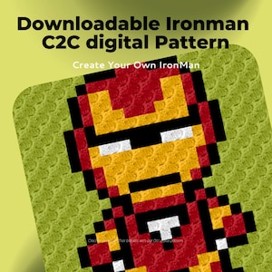 Op de afbeelding: Een gepixelde afbeelding van Iron Man, een superheld uit het Marvel-universum, in rood en geel. De afbeelding is een digitaal patroon voor haken.
