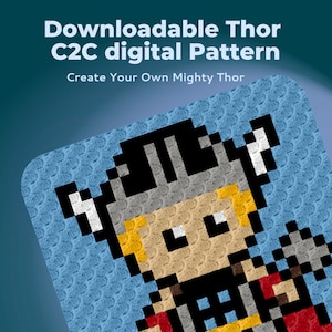 Op de afbeelding: C2C haakpatroon voor een gepixelde afbeelding van Thor, de Noorse god van de donder. Het patroon is een digitale download en bevat instructies om je eigen Mighty Thor te maken.