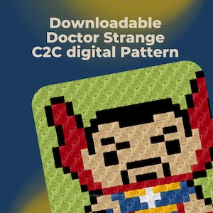 Op de afbeelding: Een gepixelde digitale patroon van Doctor Strange in zijn rode en blauwe kostuum. Het patroon is ontworpen voor C2C haken.