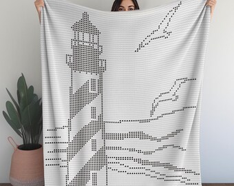 灯台フィレかぎ針編みブランケットのパターン | 沿岸アフガン | ノーティカルビーチオーシャンスローPDFパターン