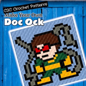 Op de afbeelding: C2C haakpatroon voor het maken van een Doc Ock-personage. Het patroon is gepixeld en toont Doc Ock in een groen-geel gestreept shirt met bruin haar en rode ogen. Hij houdt vier mechanische armen vast.