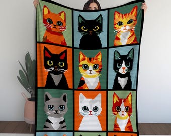 Pop Art Cat Crochet Blanket Pattern: 12 Colorful Portraits (Instant PDF)