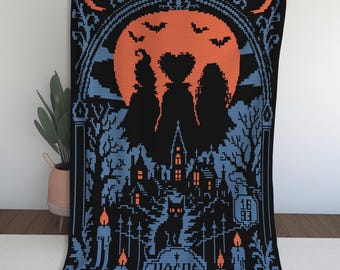 May include: A rectangular crochet blanket featuring a black, orange, and blue pixelated design. The scene depicts three silhouettes against a large orange moon, a haunted house, a black cat, candles, and the text HOCUS POCUS with the year 1693.