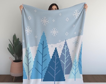 Winter Wonderland Forest C2C Crochet Blanket Pattern - Snowy Pixel Trees and Snowflakes Design for Holiday Home Décor or DIY Christmas Gift