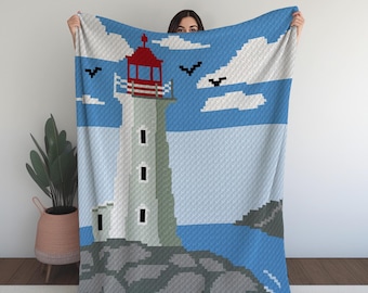 Lighthouse on Rocks C2C Crochet Pattern Coastal Nautical Design Sea Beach Birds Lighthouse inspiration modern touch sea lovers ocean lovers