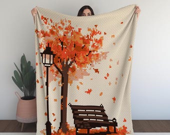 Autumn Evening C2C Blanket Crochet Pattern – Lamp Post, Bench, and Falling Leaves