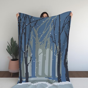 Modèle au crochet C2C de forêt d'hiver enneigé - Grands arbres avec des chutes de neige, modèle de couverture C2C au crochet