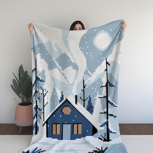 Cabane de montagne confortable en hiver avec motif au crochet Snowfall C2C - Parfait pour créer une couverture d'hiver chaude et accueillante