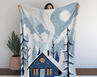Cozy Mountain Cabin in Winter with Snowfall C2C Crochet Pattern – Perfect for Creating a Warm and Inviting Winter Blanket