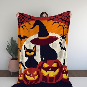 Halloween Crochet Blanket Pattern: Cat, Moon, Pumpkin C2C (PDF Pattern)