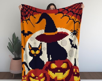 Halloween Crochet Blanket Pattern: Cat, Moon, Pumpkin C2C (PDF Pattern)