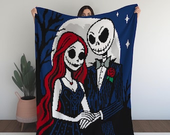 Patrón de manta de crochet de Jack y Sally: Diseño de tapiz espeluznante (Descarga en PDF)