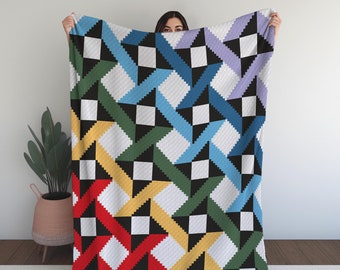 Geometrical 3D! C2C blanket crochet digital pattern colorful blanket pattern diamonds three dimensional multicoloured shapes blanket pattern