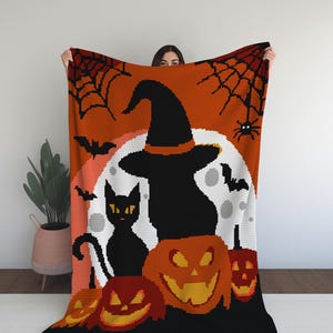 Halloween Cat Tapestry Crochet Pattern: Moon, Pumpkin, Bats (PDF Digital Download)