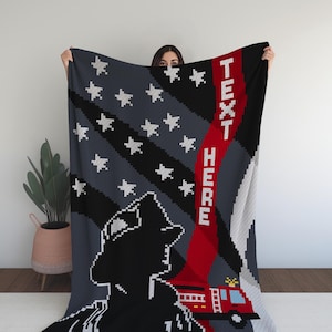 May include: A red, white and blue blanket featuring a firefighter silhouette and a fire engine. The blanket has the text "TEXT HERE" on the side.