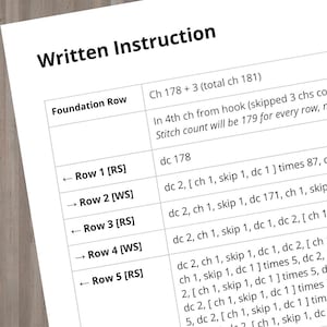 May include: A close-up of a white sheet of paper with black text titled "Written Instruction". The text details crochet instructions, including foundation row and subsequent rows with stitch counts and abbreviations.