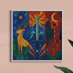 May include: A framed art print featuring a stained-glass style design. The artwork is divided into three vertical panels. The left panel depicts a golden deer in a forest. The center panel shows a sword and sun. The right panel shows a wing, moon, and city.
