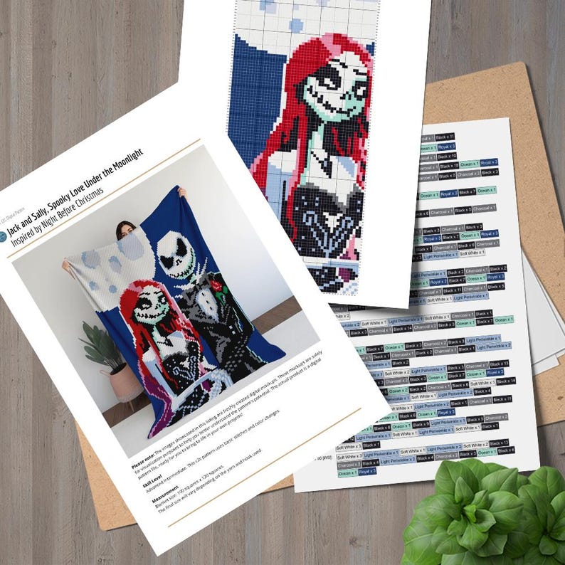 Puede incluir: Un patr&oacute;n de punto de cruz digital con Jack y Sally de Pesadilla Antes de Navidad. El patr&oacute;n se titula "Jack and Sally Spooky Love Under the Moonlight" y est&aacute; inspirado en "Night Before Christmas".