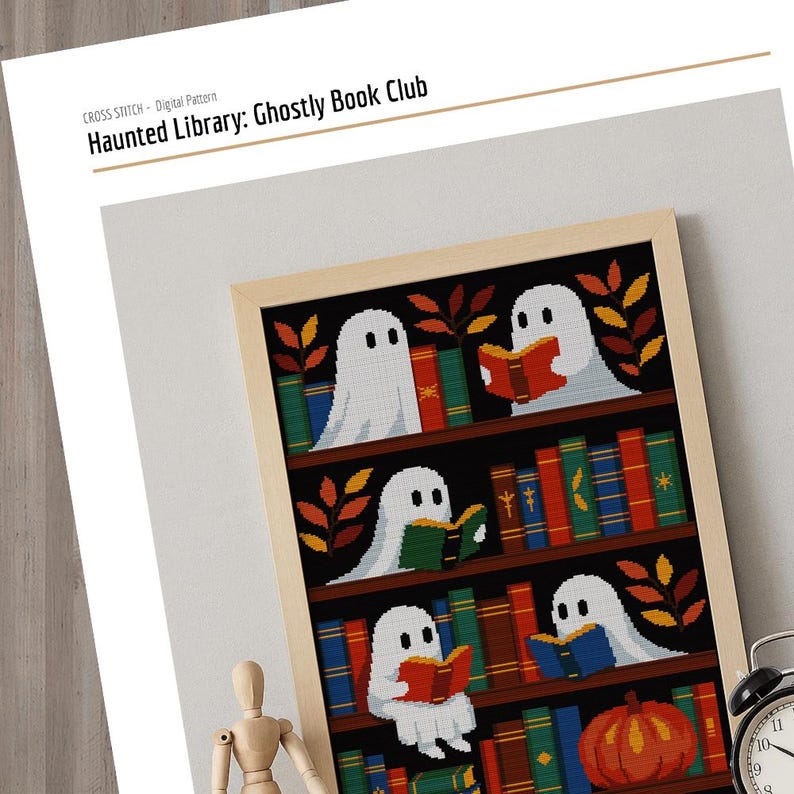 Ghost Bookshelf Cross Stitch Pattern: Halloween Bookish Decor (PDF ...