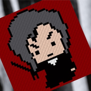 May include: Pixel art illustration of a person with black hair, wearing a black suit and white collar. The background is red.