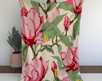 Pink Blossom & Olive Leaf - C2C Crochet Blanket digital pattern