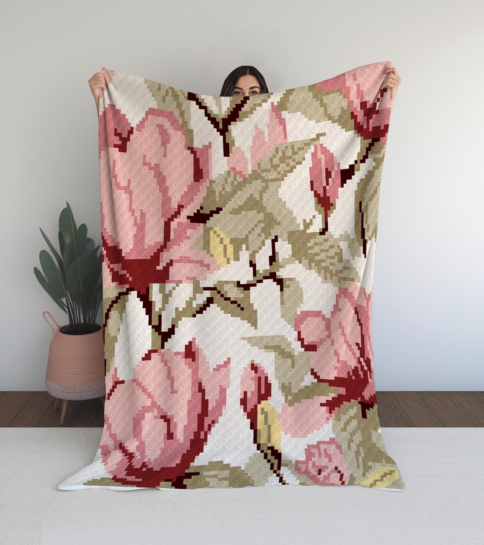 Pink Blossom & Olive Leaf - C2C Crochet Blanket digital pattern