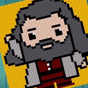 May include: A pixelated illustration of a man with a long gray beard and a white robe. He is wearing a red shirt and has a serious expression on his face.