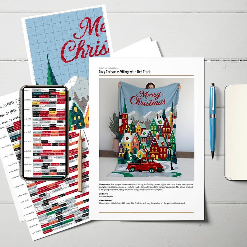 May include: A light blue blanket with a "Merry Christmas" design, featuring a cozy village scene with a red truck. The image also includes a smartphone displaying a pattern, a pen, and printed instructions for a crochet project.