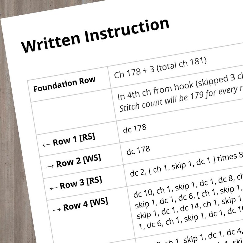 Pu&ograve; includere: Primo piano di un foglio di carta bianco con testo nero che dettaglia le istruzioni all'uncinetto. Il titolo "Written Instruction" &egrave; in alto, seguito da righe di istruzioni con abbreviazioni e conteggi dei punti. La carta &egrave; angolata.