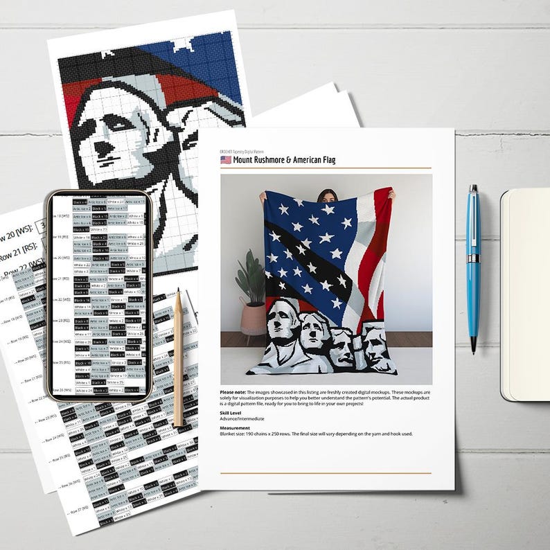 K&ouml;nnte beinhalten: Ein digitales Muster f&uuml;r eine Decke mit dem Mount Rushmore-Denkmal und der amerikanischen Flagge. Das Design wird auf einer Decke gezeigt, die von einer Person gehalten wird, mit einem Telefon und gedruckten Anweisungen in der N&auml;he. Das Design der Decke zeigt die Gesichter der Pr&auml;sidenten und die Sterne und Streifen.