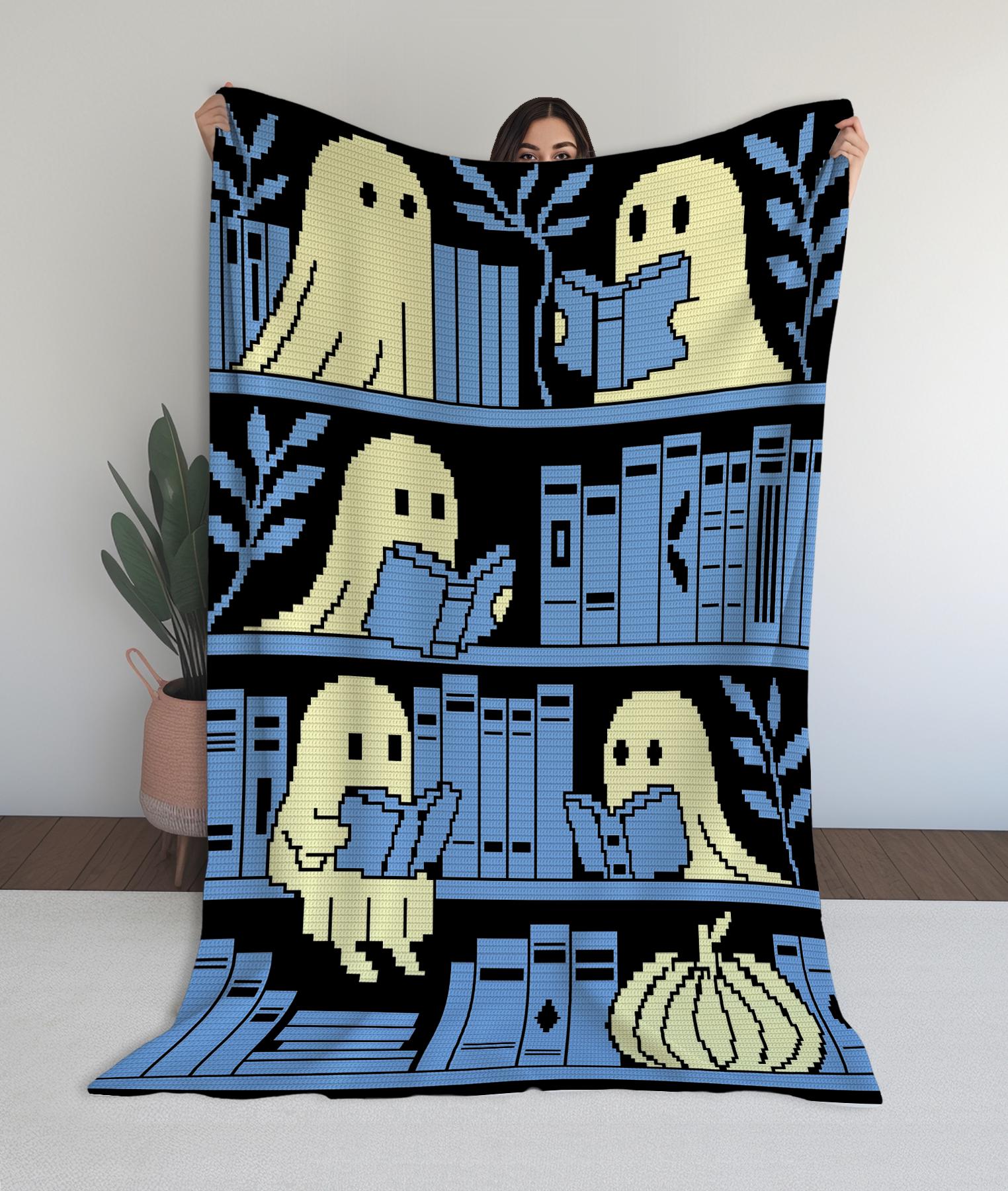 Ghost Bookshelf Mosaic Crochet Pattern, Spooky Reading Afghan (PDF