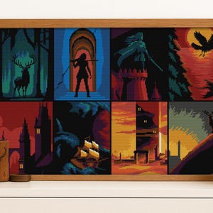 May include: A framed pixel art print featuring eight distinct scenes. The artwork showcases a deer in a forest, a figure with a weapon, a warrior on a tower, a raven in flight, a cityscape, a ship at sea, a building at sunset, and a deer on a hill. The color palette includes shades of blue, red, and orange.