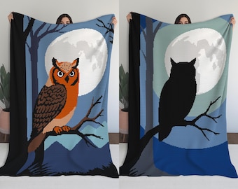 May include: Two owl-themed blankets. One features a detailed orange owl perched on a branch against a moonlit forest backdrop. The other blanket shows a black owl silhouette against a similar moonlit scene.