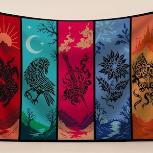 May include: A tapestry with five vertical panels, each featuring a different design. The panels display a wolf, an owl, a sword, a flower, and a mask, all in black silhouettes against vibrant backgrounds of red, teal, pink, blue, and orange.