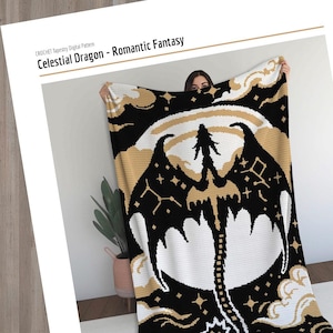 May include: A black, white, and gold crochet tapestry blanket featuring a celestial dragon design. The blanket has a large dragon silhouette with outstretched wings, stars, and a moon. The text "Celestial Dragon - Romantic Fantasy" is visible.