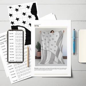 Pu&ograve; includere: Una coperta bianca e nera con la bandiera degli Stati Uniti, con un design a stelle e strisce. L'immagine include un modello digitale, uno smartphone che mostra le istruzioni e una penna. La coperta &egrave; tenuta da una persona.