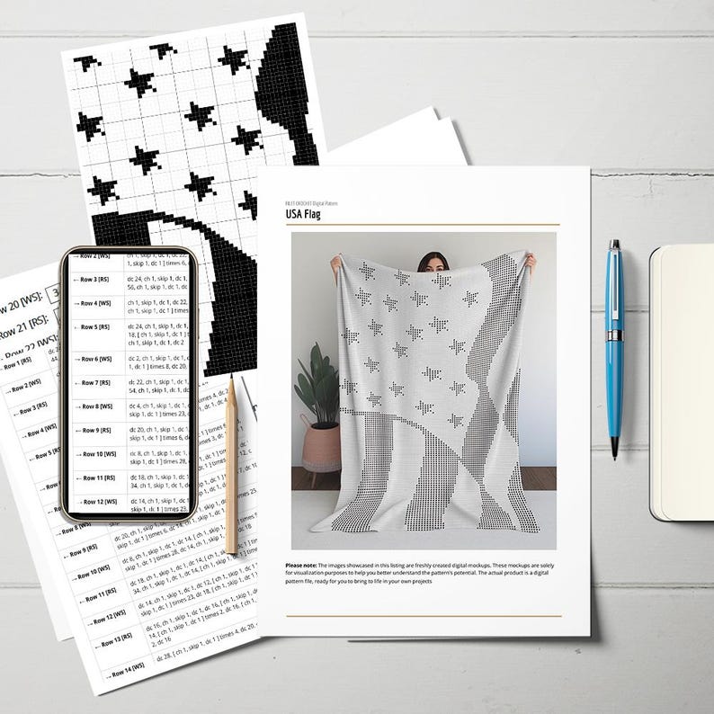 Pu&ograve; includere: Una coperta bianca e nera con la bandiera degli Stati Uniti, con un design a stelle e strisce. L'immagine include un modello digitale, uno smartphone che mostra le istruzioni e una penna. La coperta &egrave; tenuta da una persona.