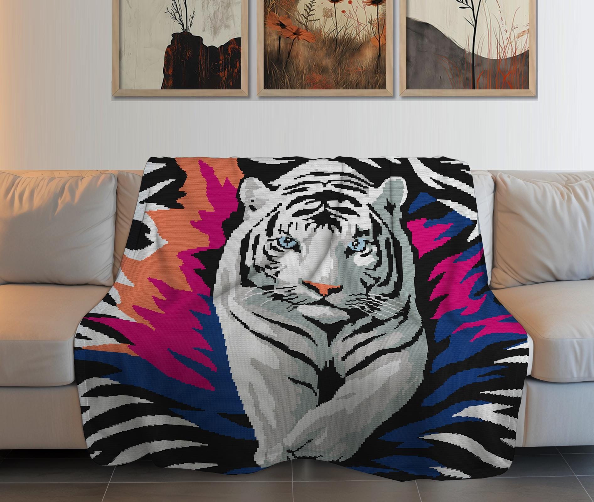 White Tiger Tapestry Single Crochet Pattern PDF, Bold Wildlife Graphghan, Large SC for King Size Blanket, Tiger Emerging from Color Splash