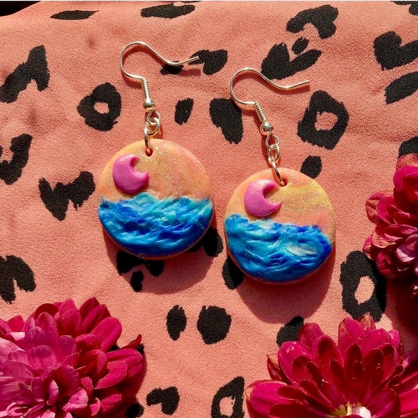 Sunset sea handmade earrings * clay abstract jewellery crafted in England * peach blue sky cute theme gift present quirky unique kitsch