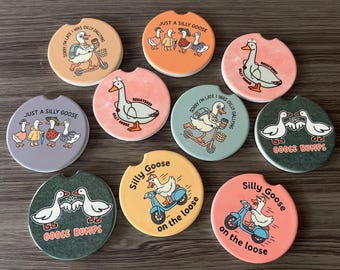 Silly Goose Ceramic Car Coasters, Cute Auto Accessories, Set of 2